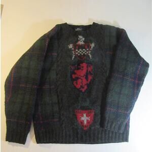 Rare Vintage WOOLRICH Plaid Lion Shield Crest Pullover Sweater 90s Green Size M